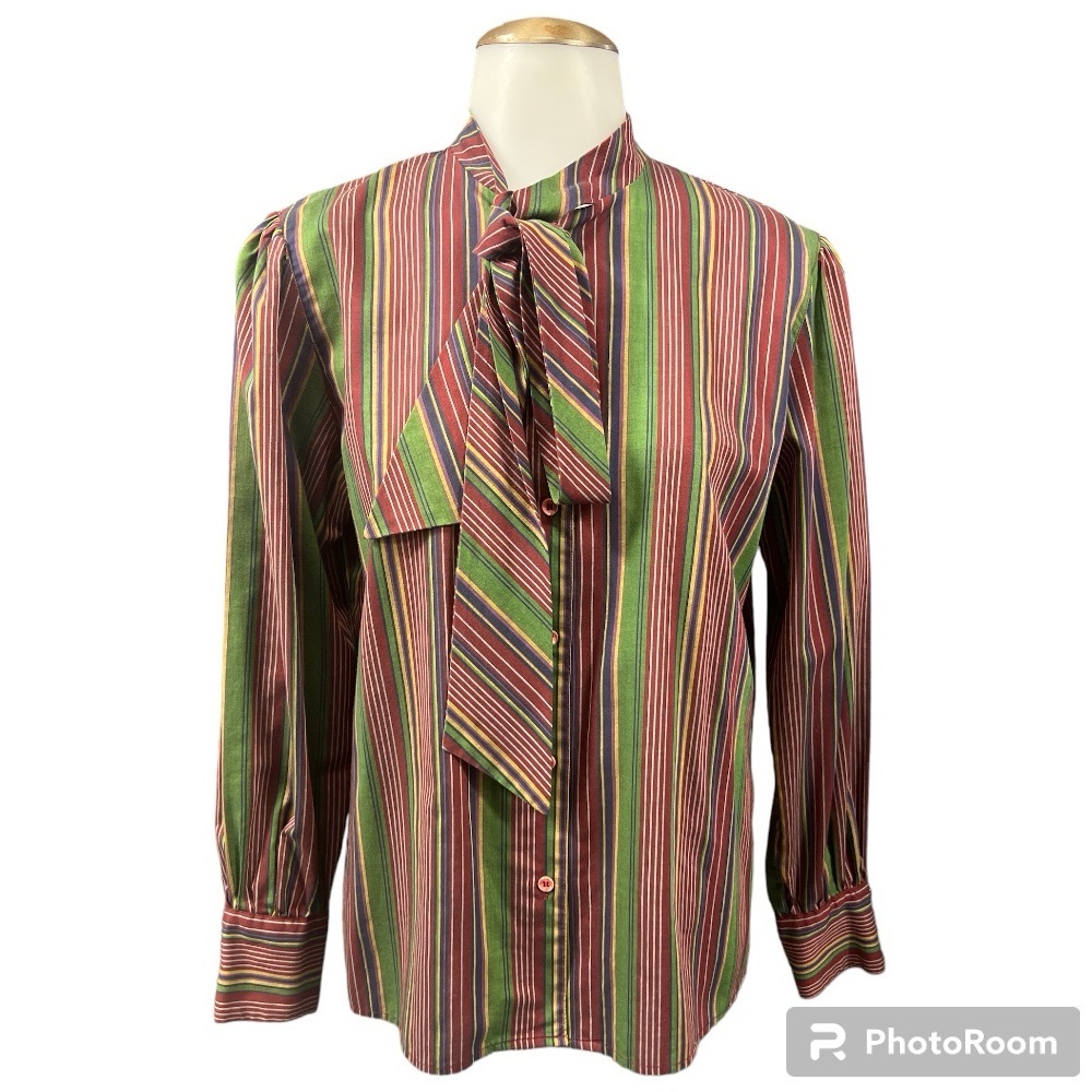 Vtg. Women’s Levi Strauss Striped 1970’s Tie Neck Button LS Retro Blouse Size:12